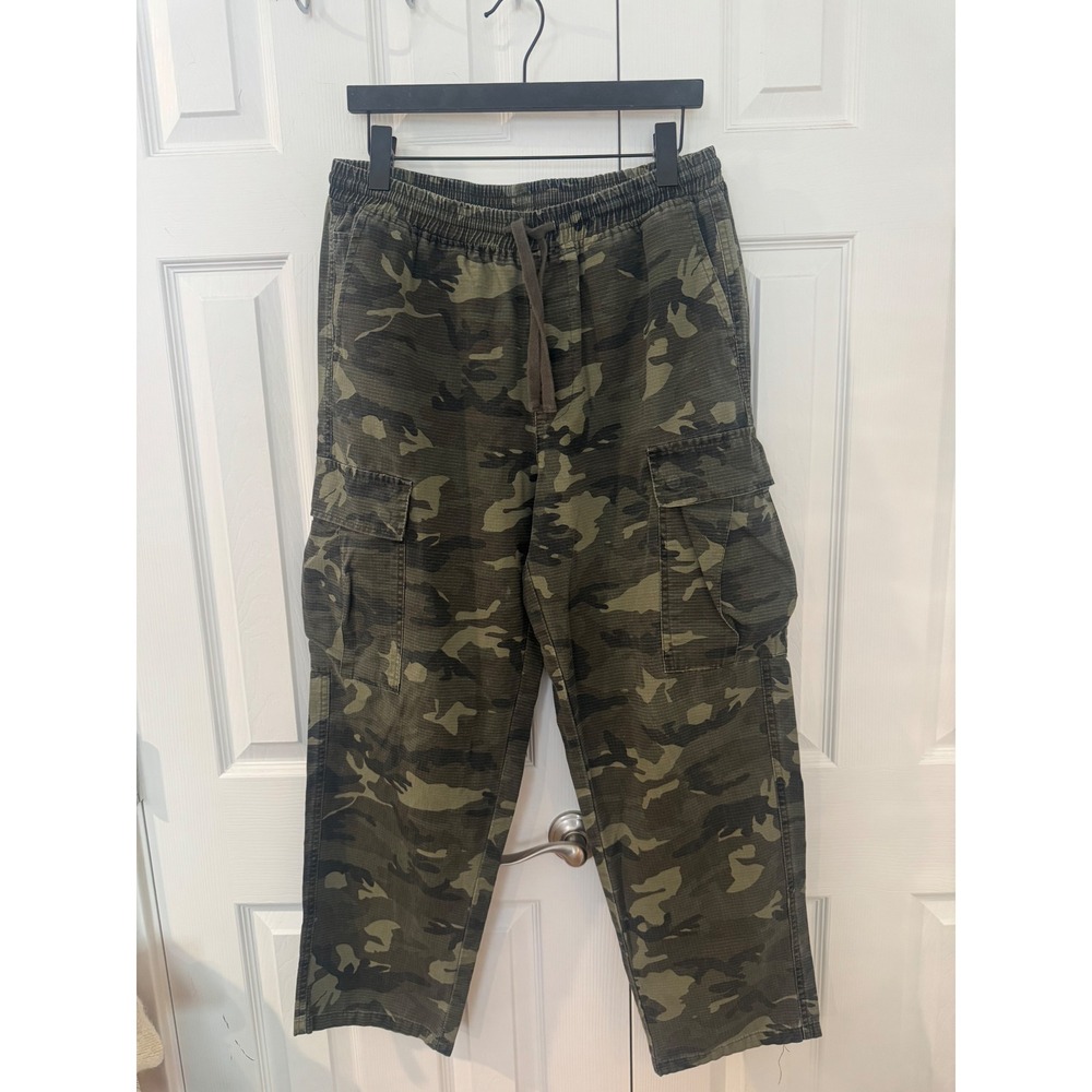 Lazer Mens Camo Cargo Pants Large Green Woodland Ripstop Cotton Drawstring Waist